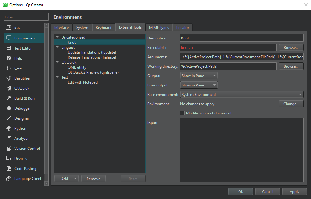 Tool settings in Qt Creator